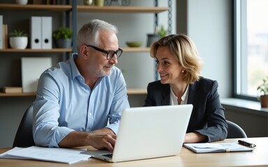 Fototapeta premium Mature team of partners sitting at table, business man and business woman discussing project on laptop in office. Two colleagues of professional business people working together. Copy space, banner