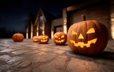 Fototapeta premium Glowing jack-o'-lanterns decorate a stone path outside homes, casting a festive atmosphere on a cool Halloween night