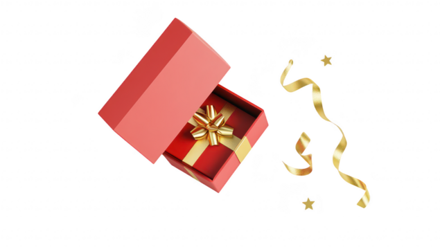 A beautifully wrapped red gift box with a golden bow. partially open to reveal a surprise inside. surrounded by golden ribbons and stars on a clean white background. perfect for festive celebrations
