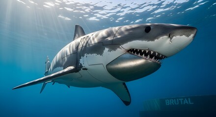 Fototapeta premium Sleek metallic great white shark cyborg predator underwater brutal digital ocean technology
