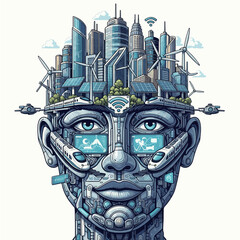 AI Robot Face with Futuristic Smart City and Green Technology – Vector Illustration