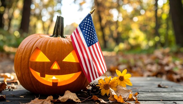 Halloween pumpkin with American flag in autumnal park - Powered by Adobe