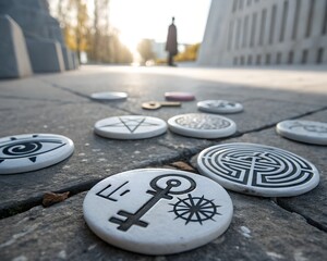 Flat lay of stones with mystical symbols on pavement. Concept of spirituality, ancient knowledge, and esoteric beliefs.