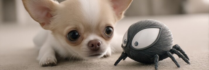 A small chihuahua is closely examining a cute spider toy while resting on a soft carpet in a bright living room