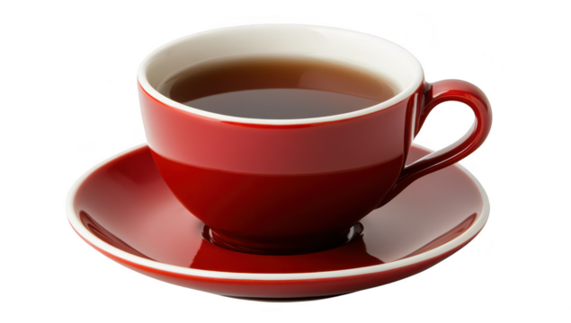 A red cup filled with steaming black coffee sits elegantly on a matching saucer. against a clean white background. ideal for beverage-related content