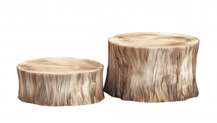 Two rustic wooden tree stumps of varying sizes. intricate bark patterns and natural textures. placed on a white background. ideal for nature-themed designs or organic decor concepts