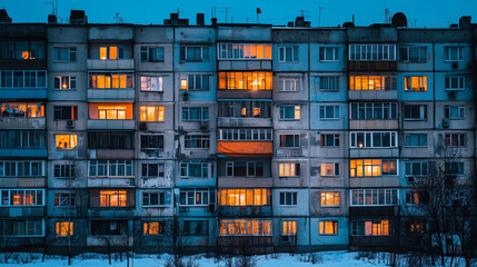 Soviet-era apartment building at dusk with glowing warm lights in windows, winter snow on the ground, cold blue sky.
