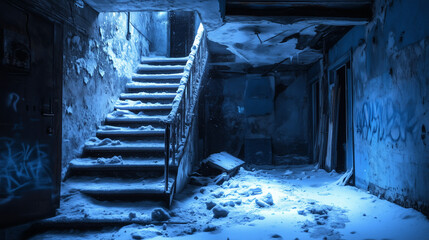Snow-covered stairs in an abandoned, graffiti-covered building with blue lighting and decaying interior.