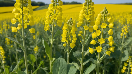 Fototapeta premium Rapeseed pods ripen on the stems in the field.