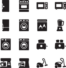 Vector art of a comprehensive set of kitchen appliance icons, featuring refrigerators, ovens, microwaves, washing machines, toasters, coffee makers, and vacuum cleaners on