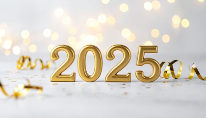 Gold 2025 numerals on a light gray surface, surrounded by golden confetti and streamers, with a bokeh background