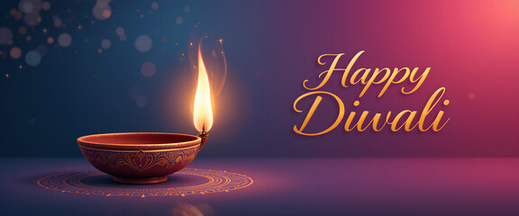 Happy Diwali Festive Lamp and Diya Illustration with Luminous Flame Light and Blue Magenta Glow