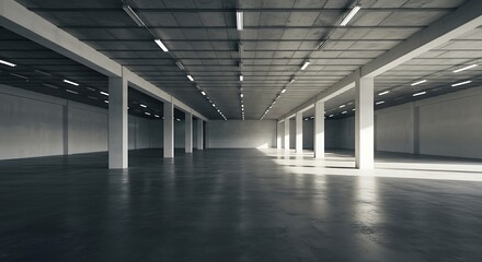 Empty warehouse interior featuring concrete floor and white pillars bathed in sunlight, creating a spacious and industrial atmosphere.