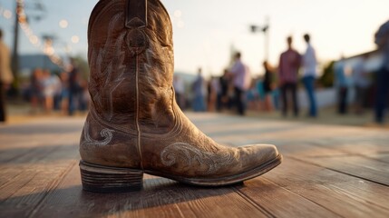 Close up of a single brown cowboy boot on a wooden floor. Bokeh background of people dancing at a country western party.