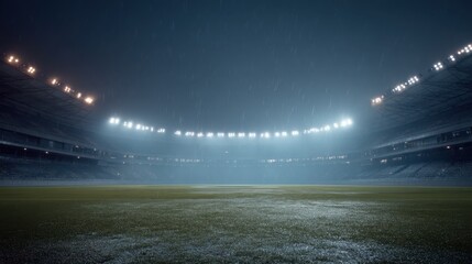 Green grass field in stadium with rain falling. Empty illuminated sport arena at night under dark sky. Professional championship event.