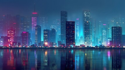 Fototapeta premium Futuristic night city skyline with bright neon lights reflecting on water. Modern urban landscape with cyberpunk aesthetic. Digital background.