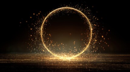 Golden sparkling circle on black background with reflection. Glitter magic ring for holiday luxury design. Abstract shimmer light.