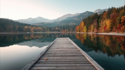 Wooden pier stretching into a calm lake with mountains and autumn forest reflecting on the water at sunrise. Nature landscape scene.