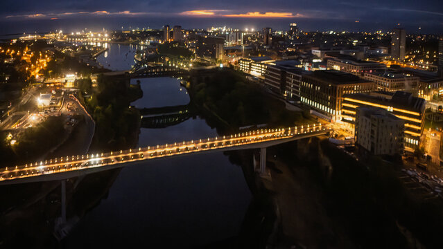 Aerial view of Keel Crossing towards Wearmouth Bridge at night