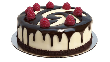 A beautifully crafted chocolate cake adorned with fresh raspberries. featuring a glossy chocolate ganache and a decorative swirl. perfect for celebrations or dessert photography