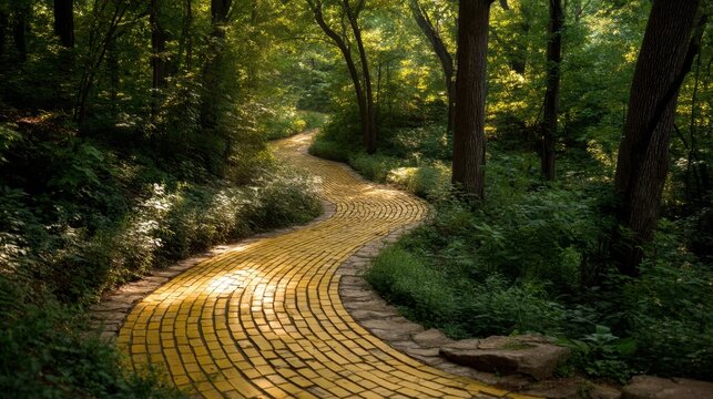 Yellow brick road winding through green shaded forest. Magical journey and fairytale concept. Path for adventure and exploration.