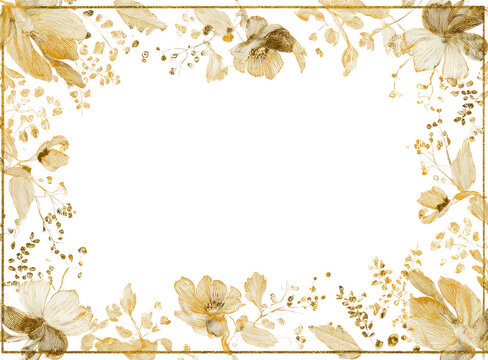 Elegant golden floral border frame isolated on transparent background