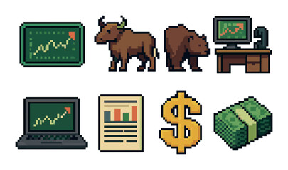 Pixel art financial icons: bull, bear, charts, dollar sign, money