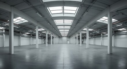 Empty warehouse interior showcasing vast space with concrete floor and skylights providing natural light, creating a sense of industrial minimalism.