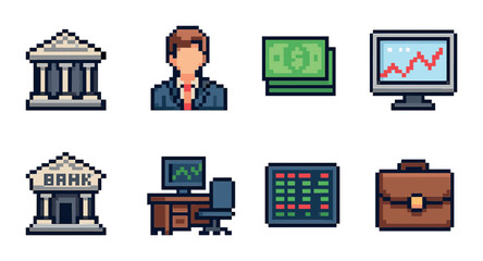 Pixel art financial icons with bank, money, stock market, and business themes