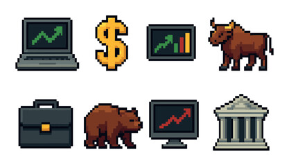 Pixel art financial icons: bull bear market trends and dollar symbols