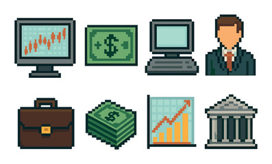 Pixel art business icons: technology, finance, growth, and professional concepts