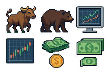 Pixel art illustrations of bull and bear markets with graph and currency symbols