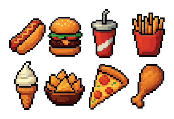 Pixel art fast food icons: burger, pizza, hot dog, fries, ice cream, nuggets, soda, drumstick