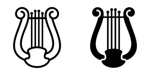 Lyre icon set. Two variations of a minimalist lyre graphic in black outline and black filled style, suitable for a wide range of design projects. Musical stringed instrument art.