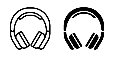 Headphone icon set. Minimalist black and white outline and glyph style headphone icon. Represents audio equipment, listening, and sound related concepts.