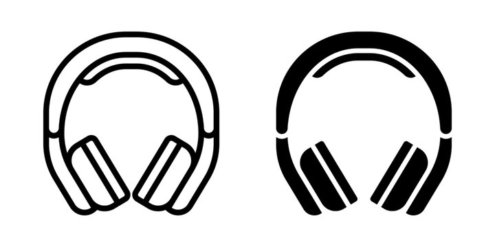 Headphone icon set. Minimalist black and white outline and glyph style headphone icon. Represents audio equipment, listening, and sound related concepts.