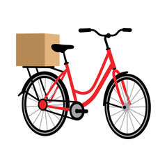 Red bicycle with a box on the rear rack in a minimalist style  