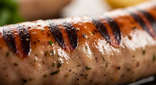 Closeup macro shot of a grilled sausage with grill marks and herbs