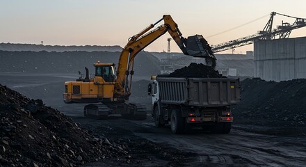 Excavator loads coal into a dump truck at an open pit coal mine during sunset, showcasing the scale of the operation and the industrial landscape.