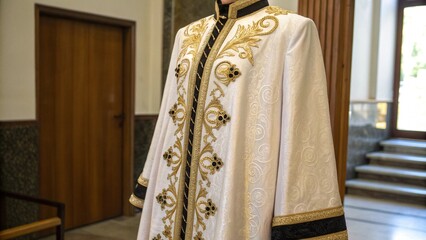Elegant White and Gold Traditional Robe with Black Trim Details for Cultural Fashion Concept