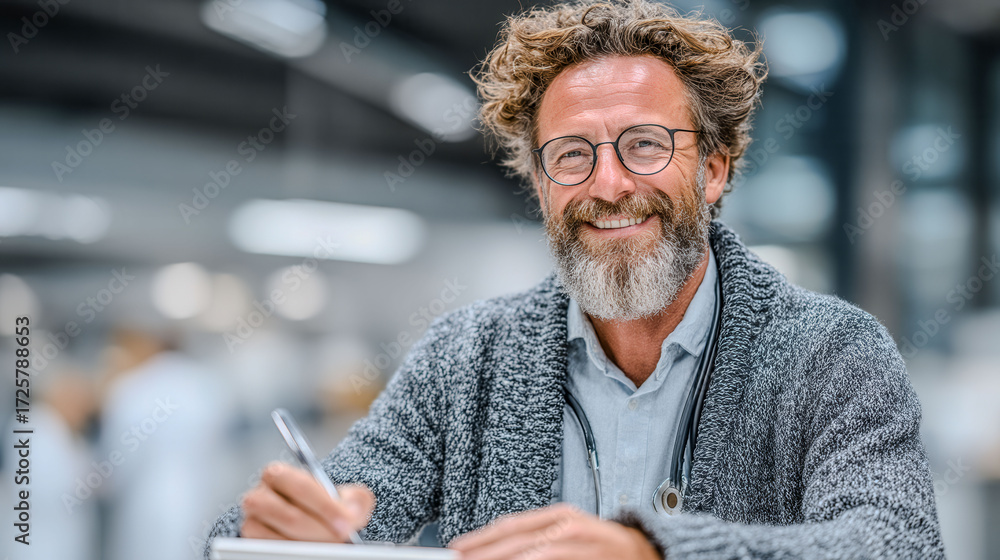 Poster a man with glasses and a beard is smiling while writing. he is wearing a gray sweater and a blue shi