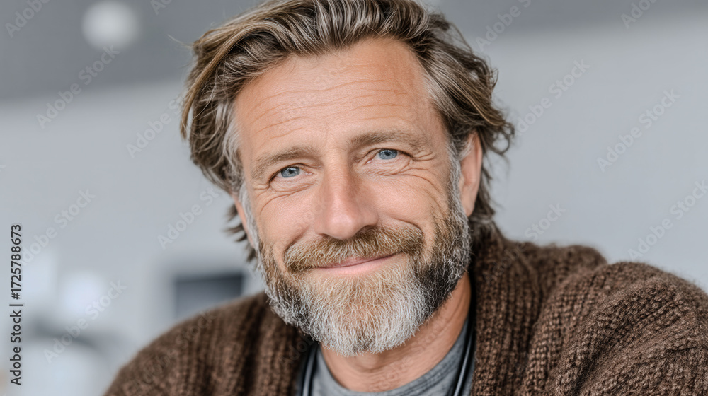 Aufkleber a man with a beard and a brown sweater is smiling. he looks happy and content. concept of warmth and