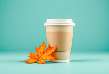 A beige takeaway coffee cup with white lid and sleeve sits against a turquoise background beside a bright orange autumn leaf creating a cozy seasonal scene with vibrant contrast