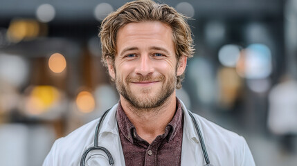 A man with a white coat and a stethoscope is smiling. He is a doctor. The image has a happy and friendly mood