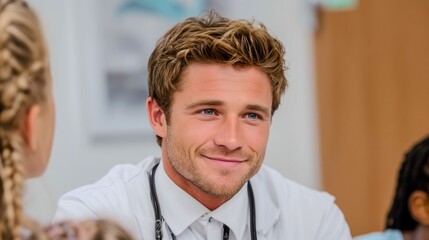 A man in a white lab coat is smiling at the camera. He is a doctor and is wearing a stethoscope