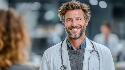 A man in a white coat with a stethoscope is smiling at the camera. He is wearing a blue shirt and a sweater