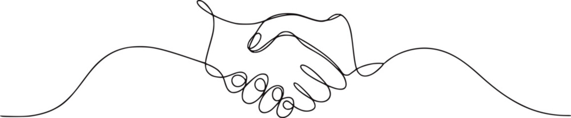 Minimalist continuous line drawing of two hands shaking handshake agreement © Mehedy