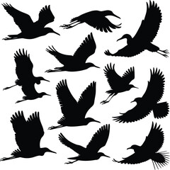 Vector art of a group of black herons are flying in the sky the birds are silhouetted against the, creating a striking contrast