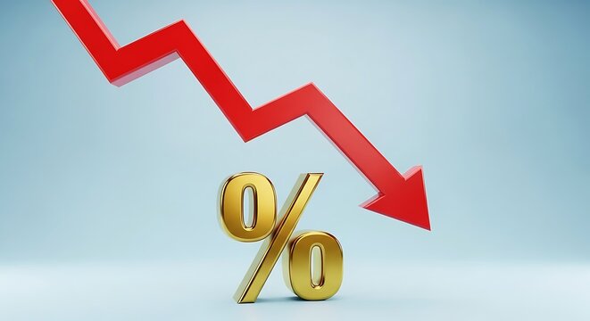Golden percentage symbol falls with red downward arrow