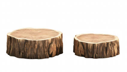Two rustic wooden tree stumps of varying sizes displayed on a clean white background. their natural textures and patterns. ideal for nature-themed decor or design projects